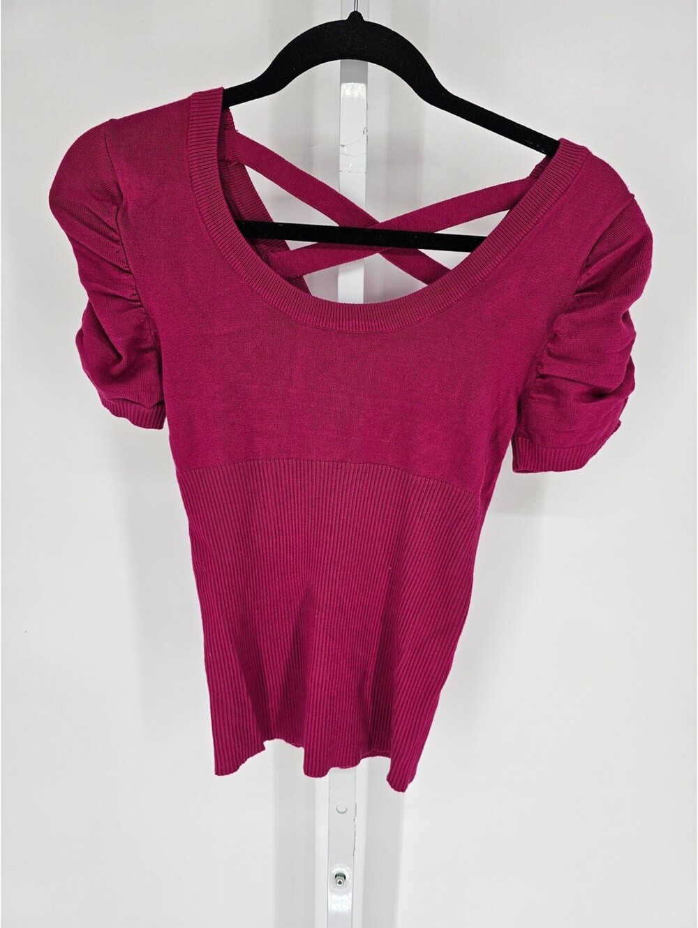 Say What? Pink Cotton Blend Puff Sleeve Criss-Cross Back Knitted Top Size M